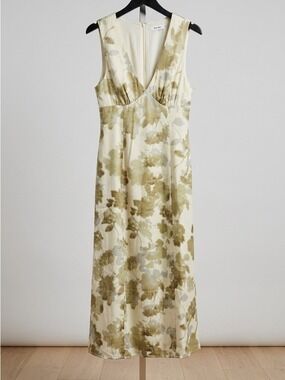 Mod Ref Cream and Olive Floral V-Neck Maxi Dress